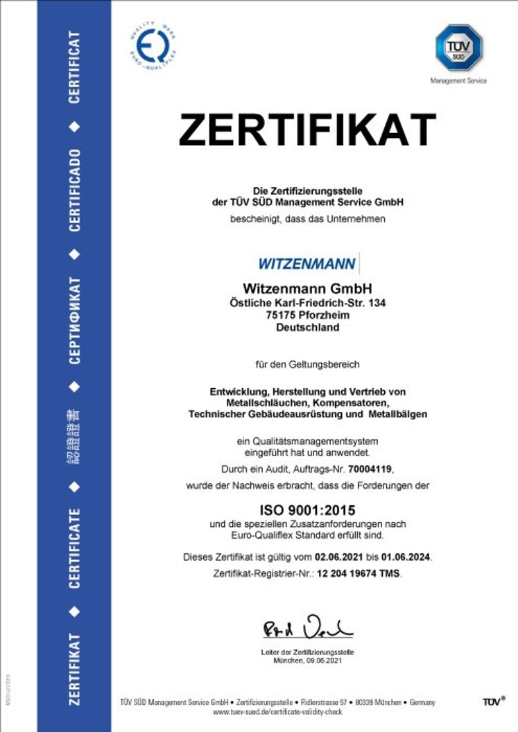 ISO 9001:2015 mit EQF Zertifikat Witzenmann GmbH